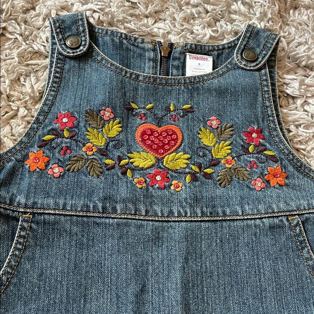 2007 Gymboree “Harvest Leaves” Autumn Floral Embroidered Denim Jumper, Size 5
